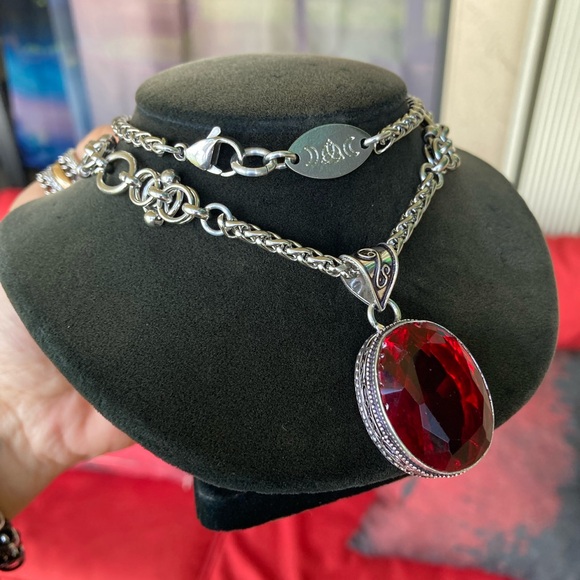 925 sterling silver overlay charm red garnet cz stone stainless steel necklace - Picture 11 of 16